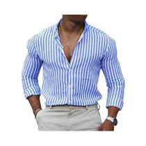 Camisa Havaiana Masculina Leve De Manga Longa Com Listras, Respirável, Gola Lapela, Estilo Básico
