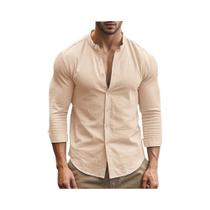 Camisa Havaiana Masculina Slim Fit Em Algodão E Linho, Cor Sólida, Respirável, Estilo Casual Básico