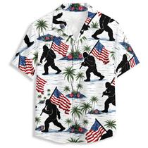 Camisa havaiana QierDesign American Flag Bigfoot para homens
