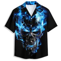 Camisa havaiana QierDesign Blue Fire Skull 3D Graphic para homens Camisa havaiana QierDesign Blue Fire Skull 3D Graphic para homens