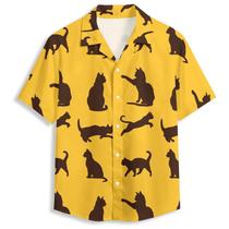 Camisa havaiana QierDesign Cat Yellow 3D Graphic para homens Camisa havaiana QierDesign Cat Yellow 3D Graphic para homens