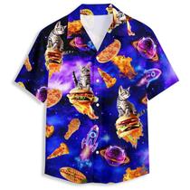Camisa havaiana QierDesign Funny Space Cat 3D Graphic para homens Camisa havaiana QierDesign Funny Space Cat 3D Graphic para homens