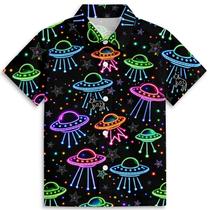 Camisa havaiana Zenzenze Neon UFO Print para meninos de 3 a 14 anos Camisa havaiana Zenzenze Neon UFO Print para meninos de 3 a 14 anos