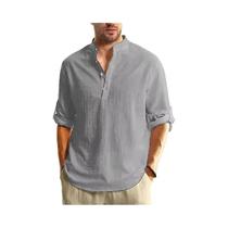 Camisa Henley De Algodão De Manga Comprida Masculina Leve Respirável Cor Sólida Camiseta Polo De