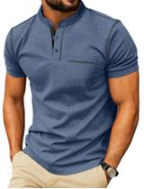 Camisa Henley de Manga Curta em Algodão Azul com Bolso Sailwind