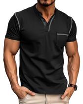Camisa Henley Gleam Ledra masculina de manga curta de algodão preta