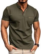Camisa Henley Gleam Ledra masculina de manga curta de algodão verde militar