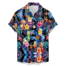 Camisa HLCFACI Funny Hawaiian 2024 com estampa de papagaio de manga curta