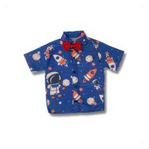 Camisa Infantil Temática Astronauta Azul Com Gravata Camisa Infantil Temática Astronauta Azul Com Gravata