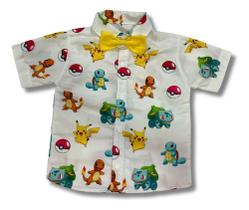 Camisa Infantil Temática Pokémon Picachu Gravata Brinde -