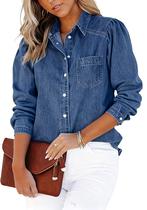 Camisa jeans CHARTOU de manga folhada com botão de pressão feminina azul