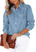 Camisa jeans CHARTOU, manga folhada, botão de pressão, feminina, azul claro