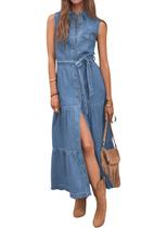 Camisa jeans Chouyatou feminina sem mangas azul midi Camisa jeans Chouyatou feminina sem mangas azul midi