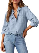 Camisa jeans estilosa com botões, cambraia, decote em V, feminina