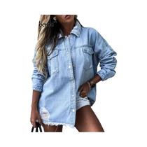 Camisa Jeans Feminina com Manga Longa - Rasgada, Soltinha e Estilo Outono 2024 Camisa Jeans Feminina com Manga Longa - Rasgada, Soltinha e Estilo Outono 2024