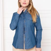 Camisa Jeans Feminina Manga Longa com Bolsos Frontais e Botões