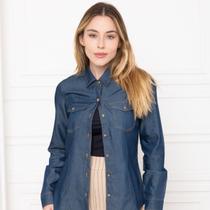 Camisa Jeans Feminina Manga Longa com Bolsos Frontais e Botões Camisa Jeans Feminina Manga Longa com Bolsos Frontais e Botões
