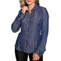 Camisa Jeans Feminina Manga Longa Detalhe Em Botões Camisa Jeans Feminina Manga Longa Detalhe Em Botões