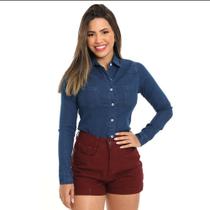 Camisa Jeans Feminina Manga Longa Slim