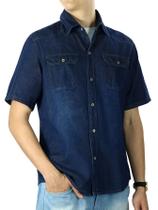 Camisa Jeans Manga Curta com Bolsos Camisa Manga Curta Basico Masculino Azul