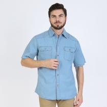 Camisa Jeans Manga Curta com Bolsos Camisa Manga Curta Basico Masculino Azul Camisa Jeans Manga Curta com Bolsos Camisa Manga Curta Basico Masculino Azul