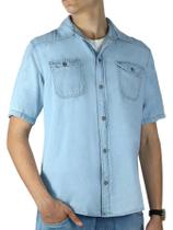 Camisa Jeans Manga Curta com Bolsos Camisa Manga Curta Basico Masculino Azul