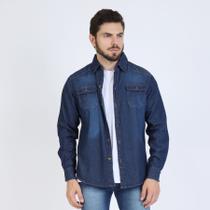 Camisa Jeans Manga Longa Social com Bolsos Camisa Trabalho Manga Comprida Basico Masculino Azul