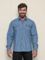 Camisa Jeans Manga Longa Social com Bolsos Camisa Trabalho Manga Comprida Basico Masculino Azul