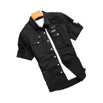 Camisa jeans masculina rasgada com bolso e aba sem camiseta Camisa jeans masculina rasgada com bolso e aba sem camiseta