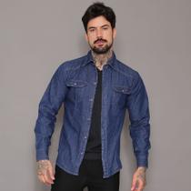 Camisa Jeans Masculina Slim Com Botões Social Básica