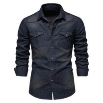 Camisa Jeans Masculina Slim Fit - Algodão Elástico, Manga Comprida, Estilo Cowboy