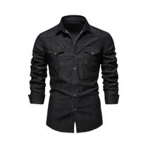 Camisa Jeans Masculina Slim Fit - Algodão Elástico, Manga Comprida, Estilo Cowboy Camisa Jeans Masculina Slim Fit - Algodão Elástico, Manga Comprida, Estilo Cowboy