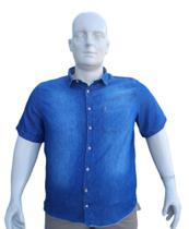 Camisa jeans Plus Size manga curta stonada 3236 masculina com bolso