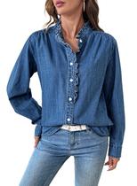 Camisa jeans Sidefeel Button Up casual de manga comprida para mulheres
