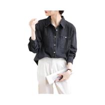 Camisa Jeans Vintage Preta Feminina, Manga Longa Fina, Estilo Streetwear Retro, Top Solto Camisa Jeans Vintage Preta Feminina, Manga Longa Fina, Estilo Streetwear Retro, Top Solto