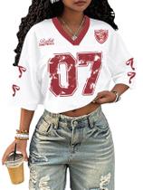 Camisa Jersey Roseeek para mulheres com estampa numérica com decote em V branca Camisa Jersey Roseeek para mulheres com estampa numérica com decote em V branca