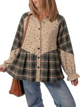 Camisa KevaMolly em malha waffle com mangas franzidas e patchwork xadrez Camisa KevaMolly em malha waffle com mangas franzidas e patchwork xadrez