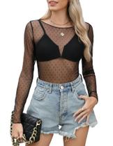 Camisa KTILG 2024 See Through Mesh com gola de barco, renda preta S Camisa KTILG 2024 See Through Mesh com gola de barco, renda preta S