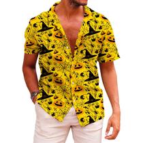 Camisa KYKU Halloween Button Up para homens amarela abóbora