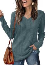 Camisa Lafural com decote em V e manga comprida para mulheres, azul, tamanho S