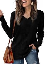 Camisa Lafural com decote em V e manga comprida para mulheres, preta, tamanho M