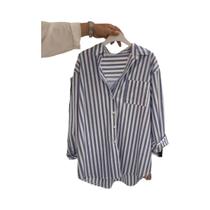 Camisa Listrada Azul de Manga Comprida - Casual, Solta e Estilo Coreano para Mulheres