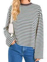 Camisa listrada de manga comprida Meiyi Station Oversize azul feminina Camisa listrada de manga comprida Meiyi Station Oversize azul feminina