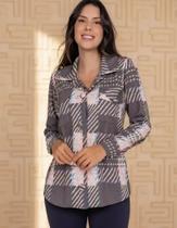 Camisa longa em flanela xadrez cinza e rosa