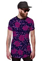 Camisa Longline Roxa e Rosa Florida Cores Vivas