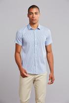 Camisa Manga Curta Fio Tinto Slim Fit - Azul Medio