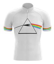Camisa Manga Curta Pink Floyd Branco Ciclismo Dry Fit Zíper Fitness UV