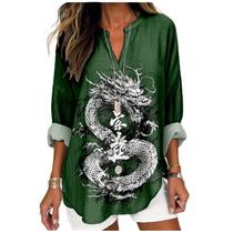 Camisa MARSVOVO Art White Dragon Print feminina com decote em V e manga comprida Camisa MARSVOVO Art White Dragon Print feminina com decote em V e manga comprida