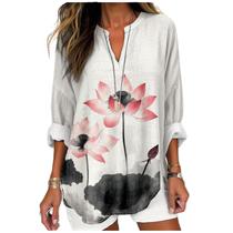 Camisa MARSVOVO Red Lotus Flower com estampa feminina com tinta e lavagem Camisa MARSVOVO Red Lotus Flower com estampa feminina com tinta e lavagem