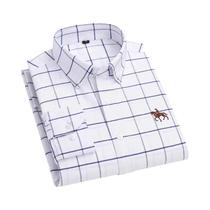 Camisa Masculina 100% Algodão Puro Manga Comprida Xadrez Listrada Camisa Regular Ajuste S-6XL Casual